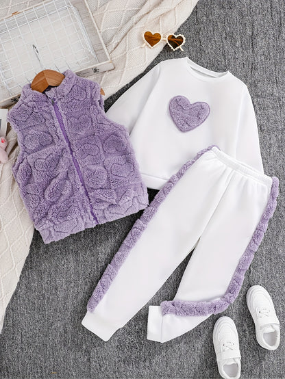 Girls 3-Piece Heart Pattern Fall/Winter Casual Set