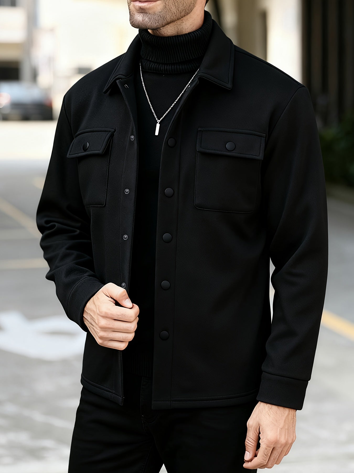 Men's Solid Color Lined Workwear Shirt Jacket with Snap Buttons