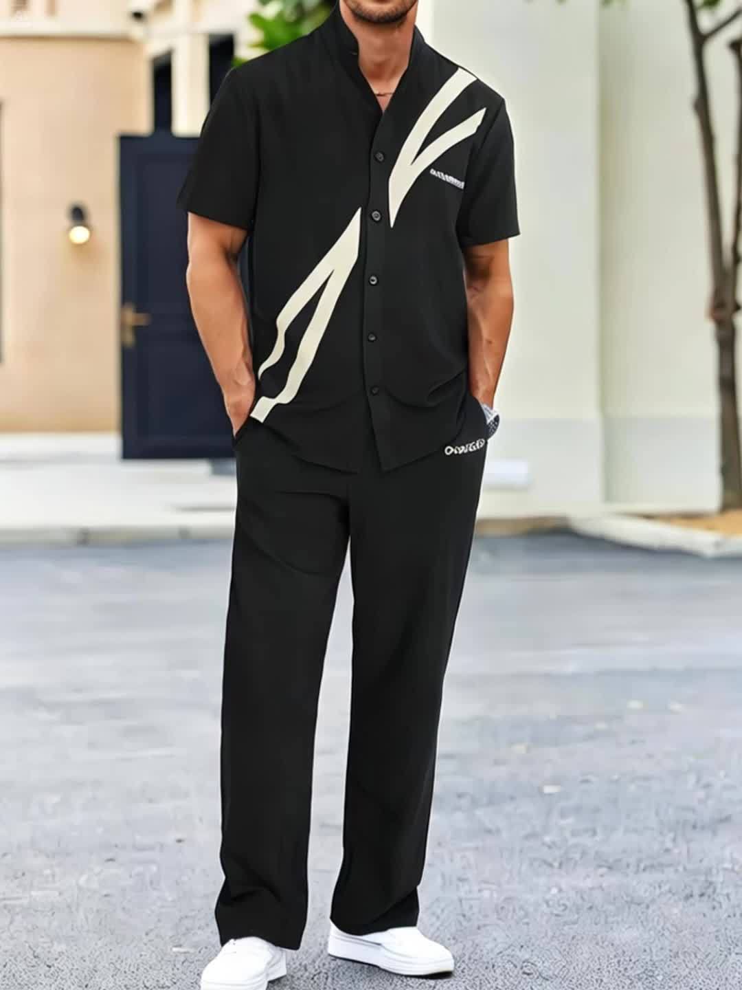 Men'S Casual Summer Short Sleeve Shirt & Pants Set - Black with White Geometric Print, Button-Up Collared Shirt & Loose Fit Pants, Non-Stretch Fabric, Perfect for Spring/Fall, Spring Summer Outfit | Geometric Print Shirt | Bu