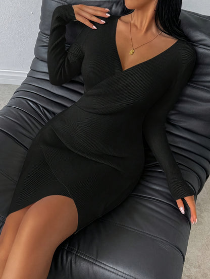 New Autumn and Winter Slim Fit V-Neck Dress Stretchy and Flattering Wrap Design, Elegant Solid Color Mini Dress for Work and Dates