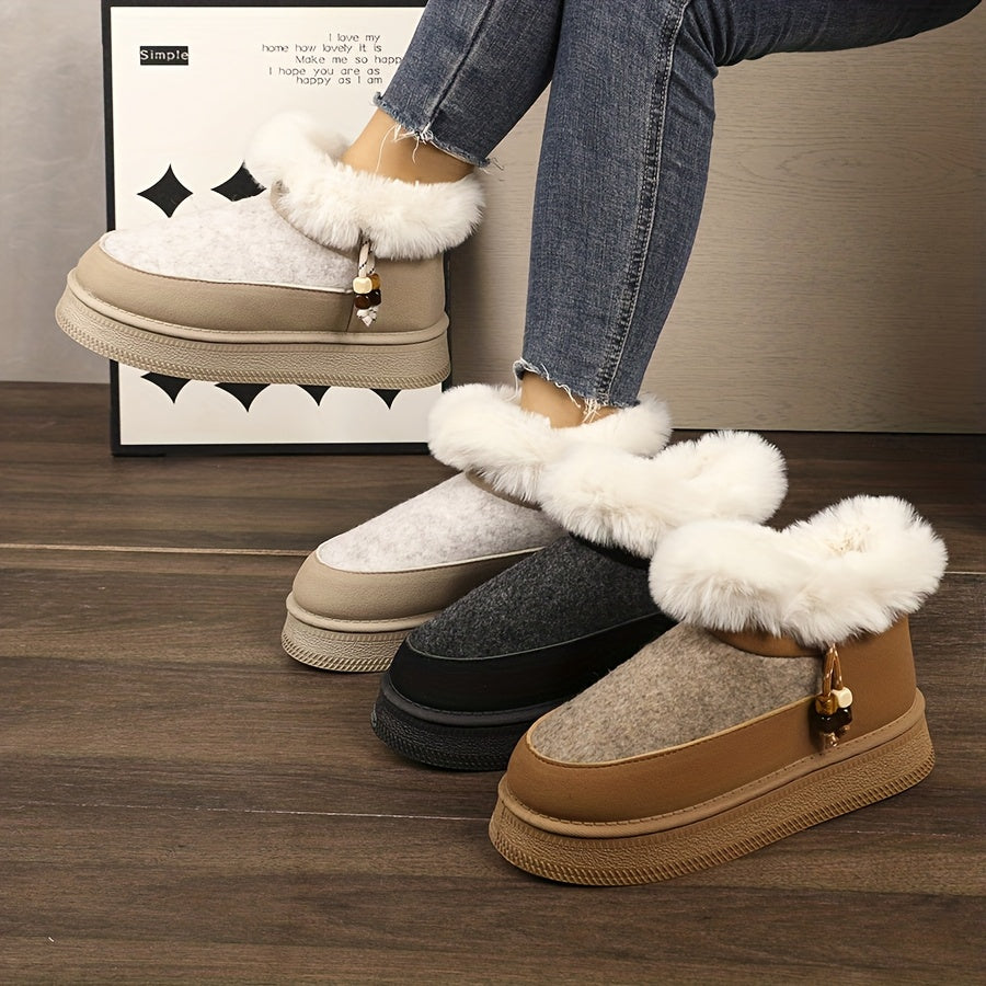 Women's Chunky Platform Winter Snow Boots with Plush Faux -Like Collar & Thick Rubber Sole - Beige/Dark Grey Round-Toe Traction for Ice, Snow, Slush - Cozy Casual & Formal Wear (Golden Buckle Accent)