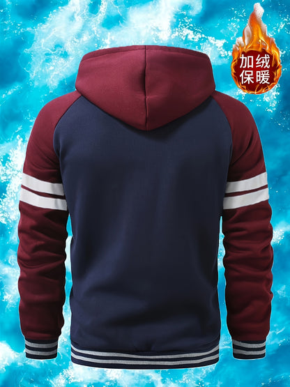 Men's 2025 Autumn East New Zipper Hoodie - Black & Grey Color-Block Contrast with White Piping, Full-Zip Closure, Chest Pocket & Adjustable Hood, Casual Streetwear for Teen Boys & Young Men, Durable Everyday Outerwear