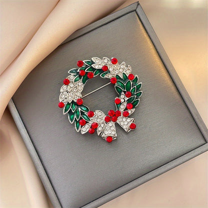 Luxury Christmas Bell Brooch with Rhinestone and Green Enamel Leaf, Alloy Golden-Plated, Fashionable Shiny Pin for Party and Banquet Accessories, Special Occasion Pin, Vintage Brooch, Elegant Design, Rhinestone Embellishment,