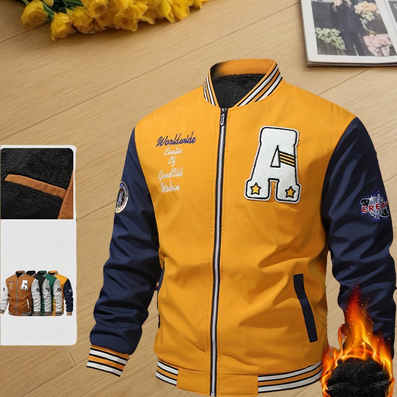 Men's Thermal Insulated Full-Zip Baseball Jacket with Full-Zip Closure - Heavyweight Winter Coat, Brown/White colorblock, Lining - Streetwear Outerwear for Casual & Formal Events - Compatible with Hoodies & Jackets (Men's Fas