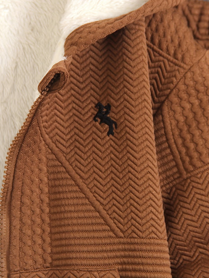 Cozy Fleece Zip-Up Hoodie & Pants Set - Beige Geometric Pattern, Long Sleeve Casual Winter Outfit with Pockets, Elastic Waistband, and Button-Up Front, Perfect for Fall/Winter, Cozy Clothing | Playful Design | Elastic Waistba