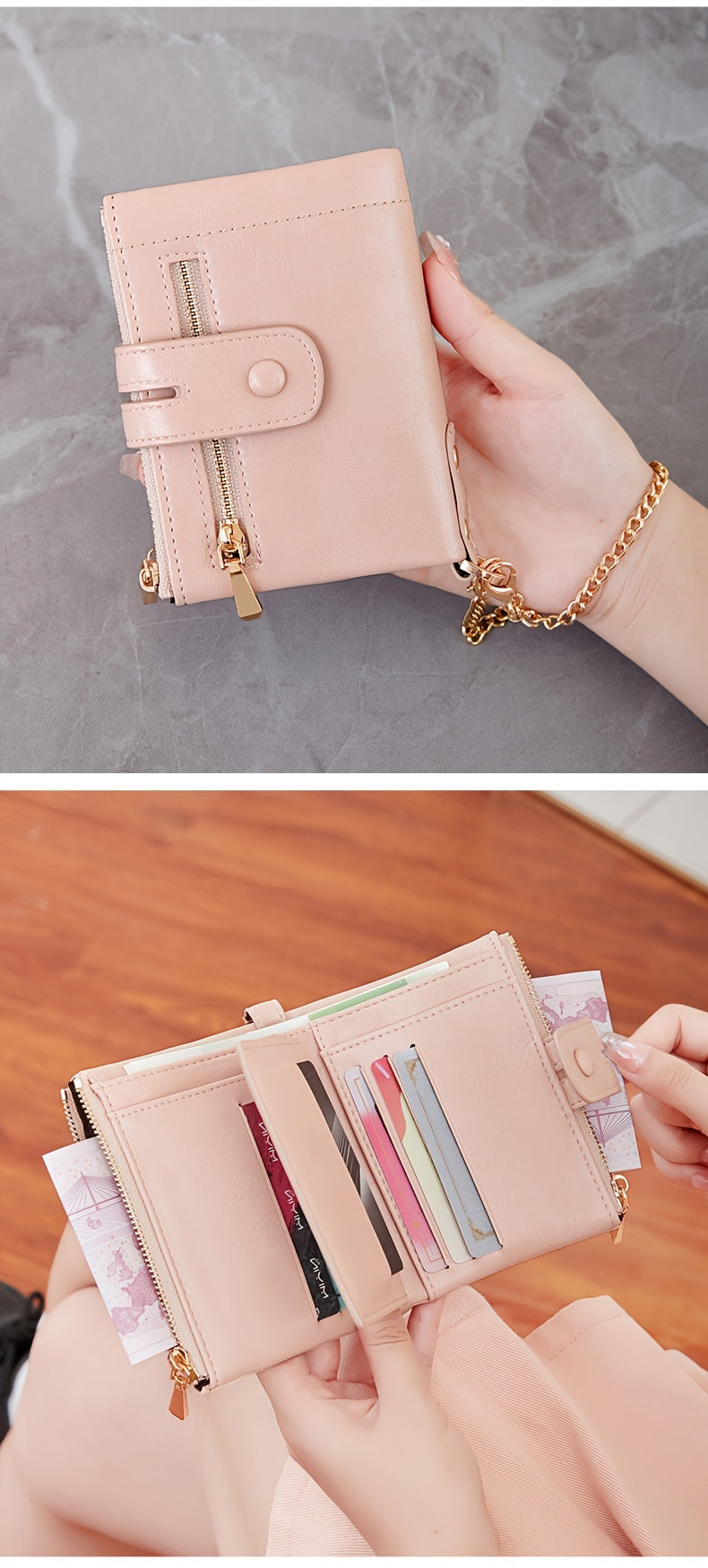 MIYIN Women'S & Men'S Red Bifold Wallet with Anti-Theft Chain Lock, Golden-Tone Hardware & Removable ID Window - Multi-Compartment Organizer with Card Slots