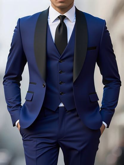 Men's 3-Piece Polyester Suit with Vest and Pants, Formal Workwear