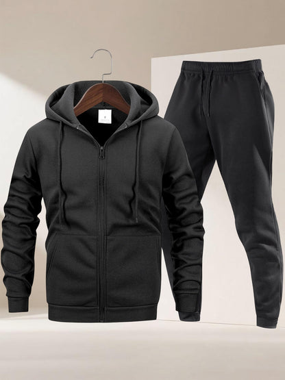 Autumn Winter Men's Hooded Sportswear Set, Simple Classic Versatile Outfit with Zip-Up -Lined Warm Jacket and Drawstring Sweatpants for Casual Leisurewear