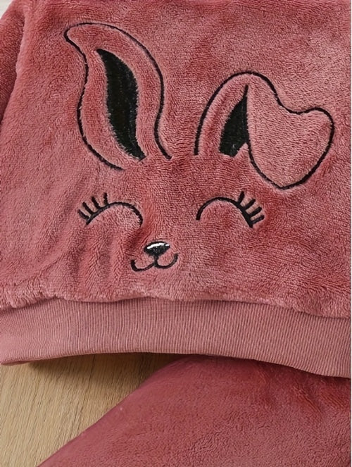 Adorable Cartoon Rabbit Embroidered Two-Piece Set for Youngsters - Soft Coral Fleece Outfit with Matching Pants, Perfect for Fall/Winter Casual Wear, Youngsters'S Playwear|Playful Design|Stretchy Fabric, Youngsters Girl Cloth
