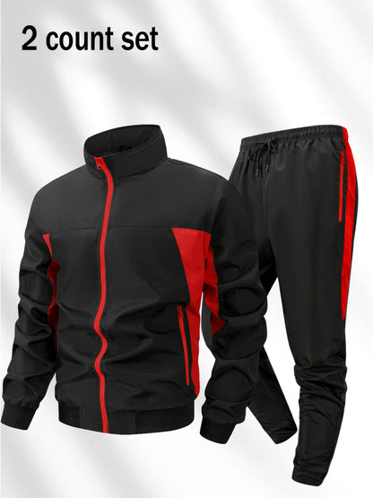 Men's Polyester Zipper Jacket & Sports Trousers Set for Fall/Winter