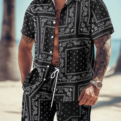 Men's Paisley Print Short Sleeve Shorts Single Button Shirt Suit with Elastic Cord and Pockets
