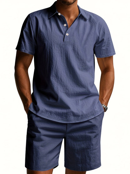 Essential for a Cool Summer! Men's Linen Shirt & Shorts Set, Comfortable Casual Outing Choice - Simple Beach Vacation Style Solid Color Linen