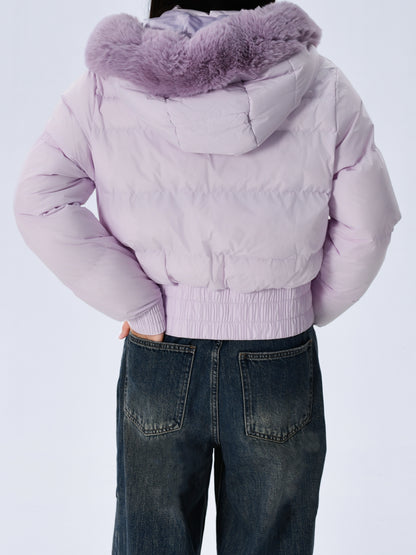 Elegant Polyester Padded Jacket for Women - 2024 Fashion Short Solid Color Coat with Thick Faux Fur Collar, Long Sleeves, Zipper Detail, Woven - Winter Warmth Casual Outerwear