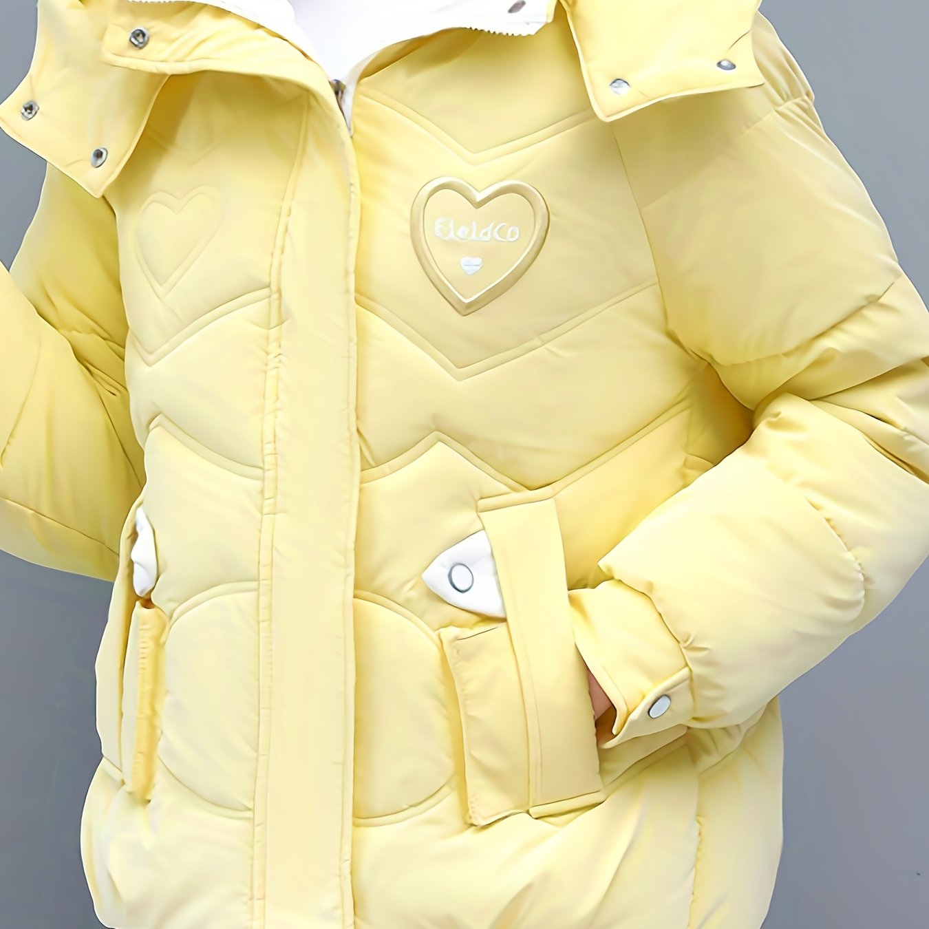 Women's Winter Hooded Jacket - Stylish Beige & White Zip-Up Coat with Heart Design, Warm Polyester Outerwear for Casual or Chic Looks, Winter Jacket