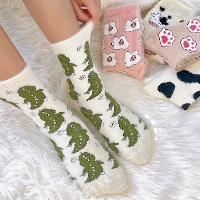 5 Pairs Milk Dot Fluffy Socks for s & - Thickened Warm Winter Socks with Cozy Furry Lining, Cute Cow/Chicken/Sheep/Beaver/Bear Patterns, Family Pack /Outdoor Use, Machine Washable Cold-Proof Footwear