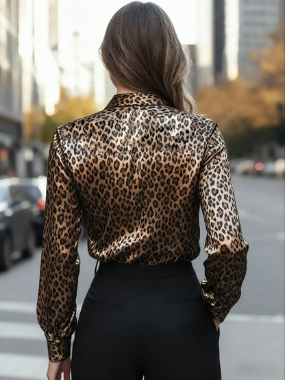 Women's Satin Leopard Print Shirt - Elegant Collar Button- Blouse, Long Sleeve Office & Casual Tops with Non- Machine-Washable Shirt for Spring/Autumn (Leopard Print Suitable for Professional & Casual Attire)