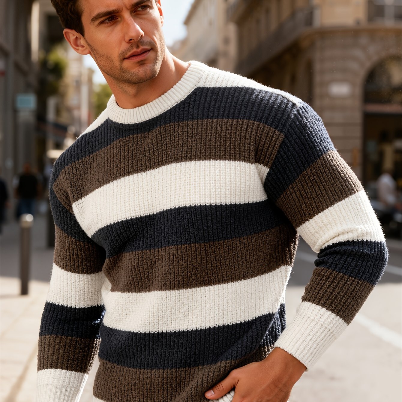 JNBLDA Chic Striped Knitted Sweater, Men's Casual Warm Stretch Round Neck Pullover Sweater for Fall Winter
