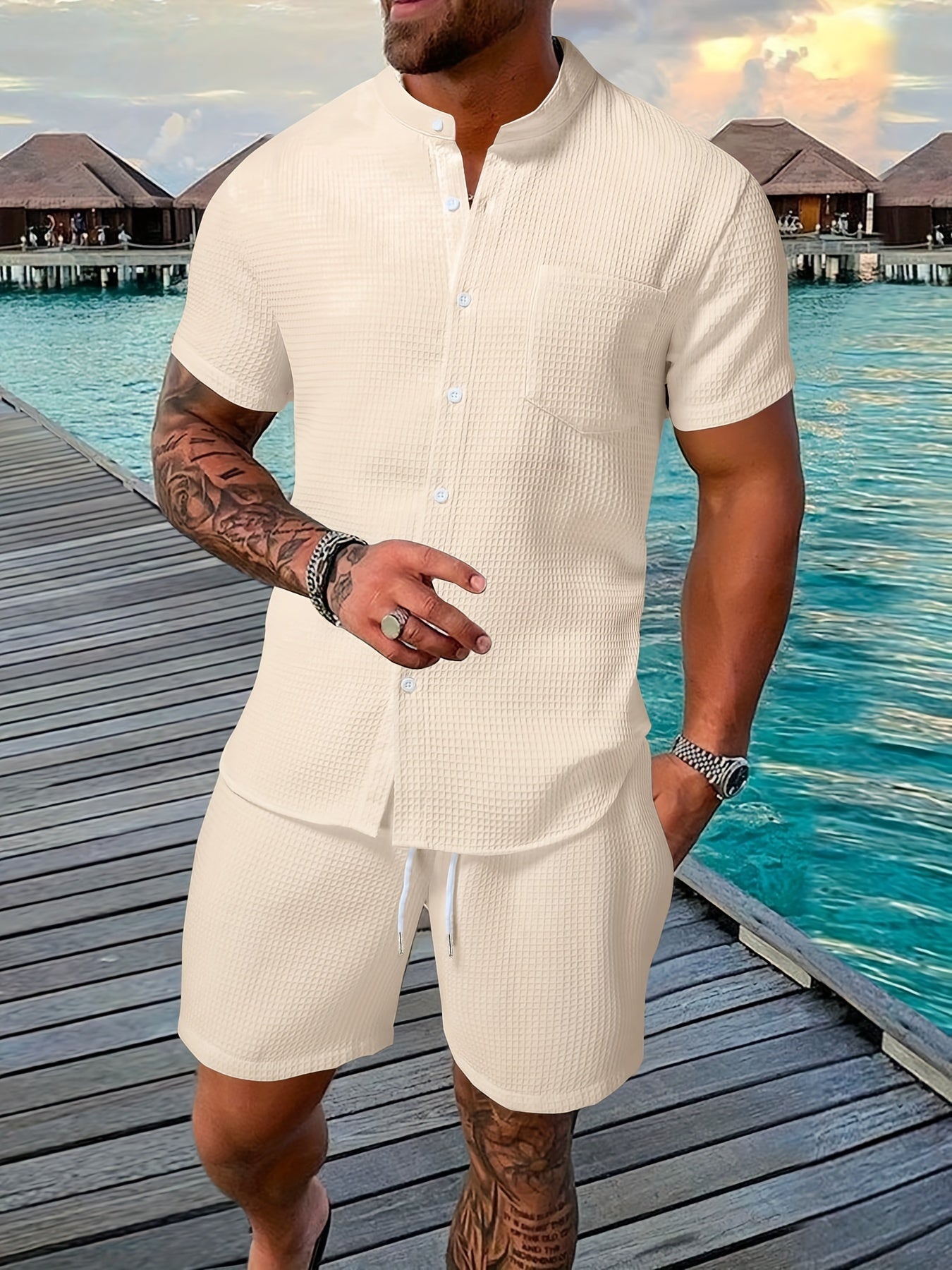 Men's Casual Short Sleeve Shirt & Drawstring Shorts Set