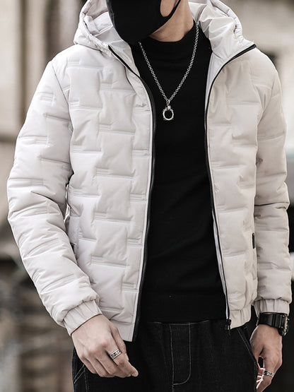 1pc Men's Heavy-Duty Winter Jacket with Hood - Stand Collar & Zippered Pockets, Grey/Black & White, Machine Washable Cold Weather Coat for Skiing, Snowboarding, Outdoor Activities (-Filled)