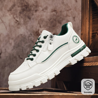 Men's Casual Sneakers - White  Green Low-Top Design, Comfortable PU Upper with Fabric Lining, Durable PVC Sole, Perfect for Casual Attire and Sports