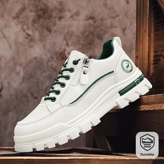 Men's Casual Sneakers - White  Green Low-Top Design, Comfortable PU Upper with Fabric Lining, Durable PVC Sole, Perfect for Casual Attire and Sports