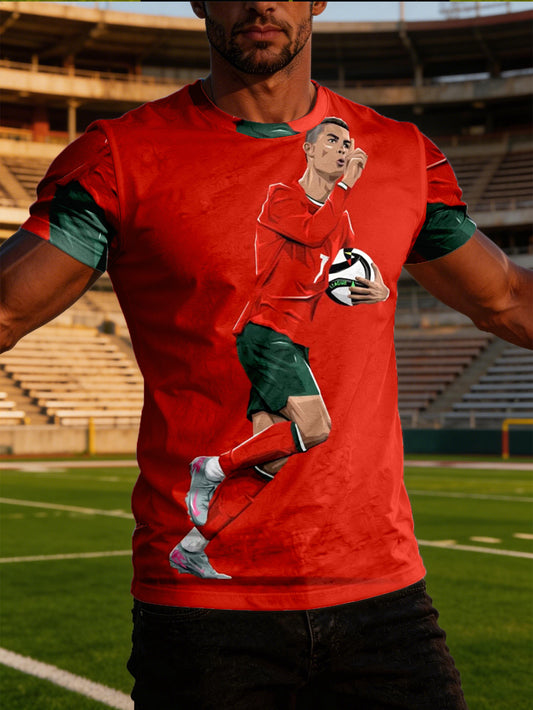 Men's Red Soccer Graphic Crew Neck T-Shirt - Lightweight Sports Tee - ayq