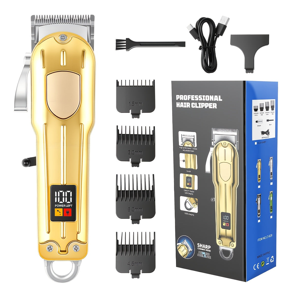 One Piece of a Golden Electric Hair Clipper for Men, Featuring a Professional-Grade Design with an Adjustable Serrated Blade, Four Comb Attachments of Varying Sizes, USB Charging Capability - ayq