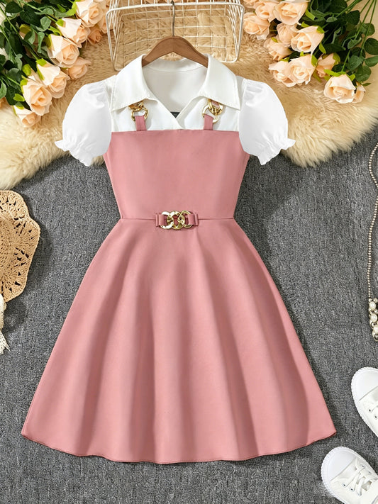 Girls' Casual Short-Sleeve Dress with Golden Chain Accent