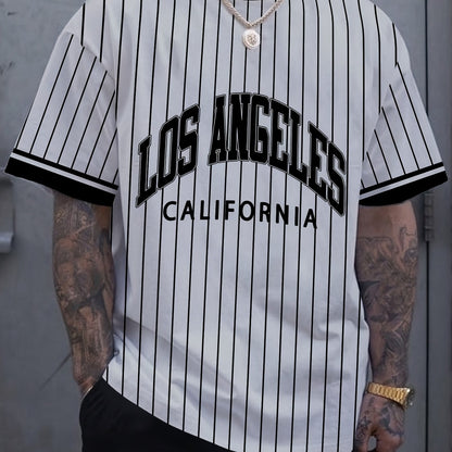 Men'S Los Angeles California Striped T-Shirt - Casual Short Sleeve Crew Neck, Breathable Summer Outdoor Sports Top, White with Black Letter Print, Regular Fit Tee for Casual Attire, Breathable Clothing   California Pride Shir