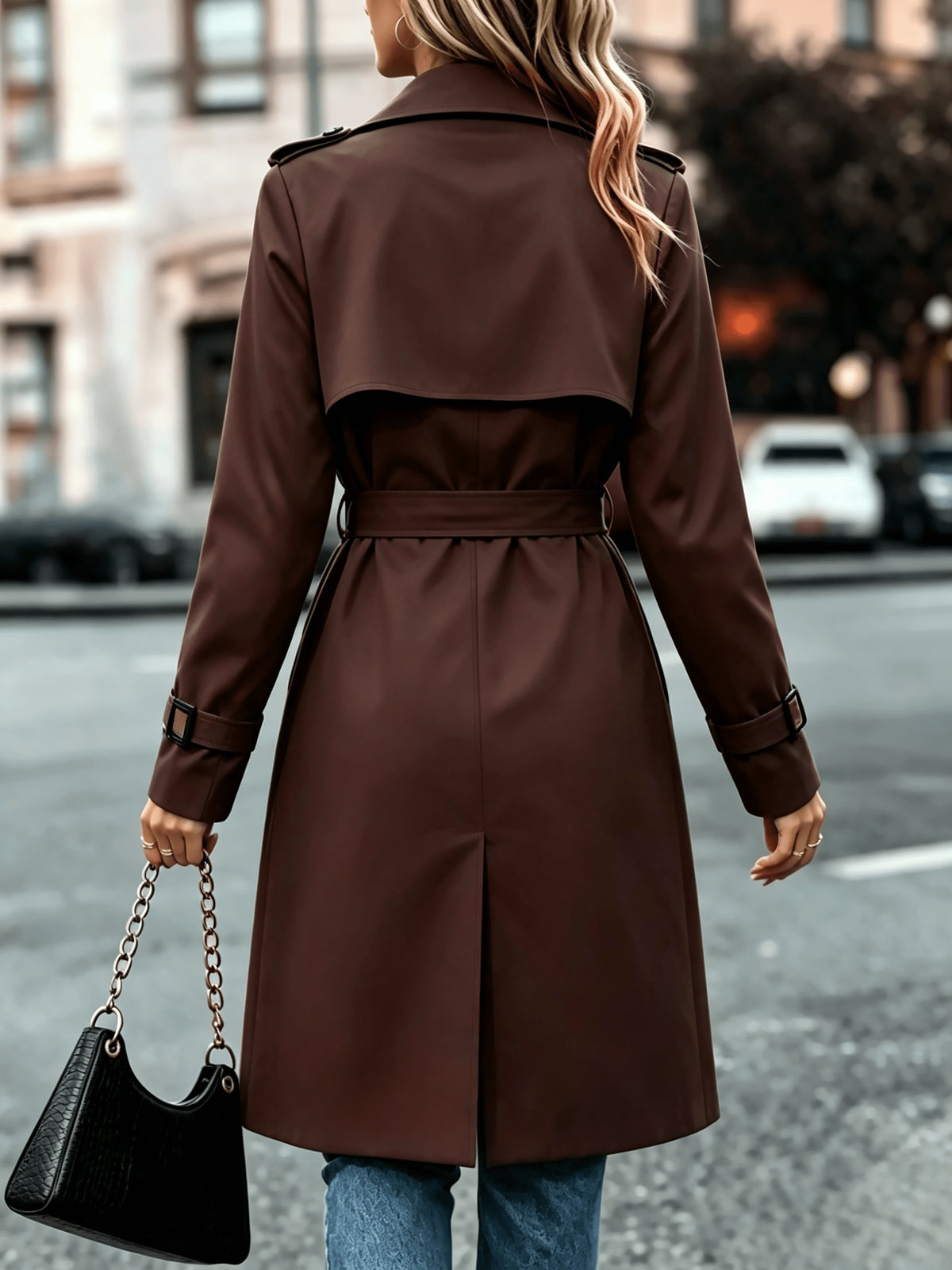 Elegant Solid-Color Double-Breasted Trench Coat with Belt