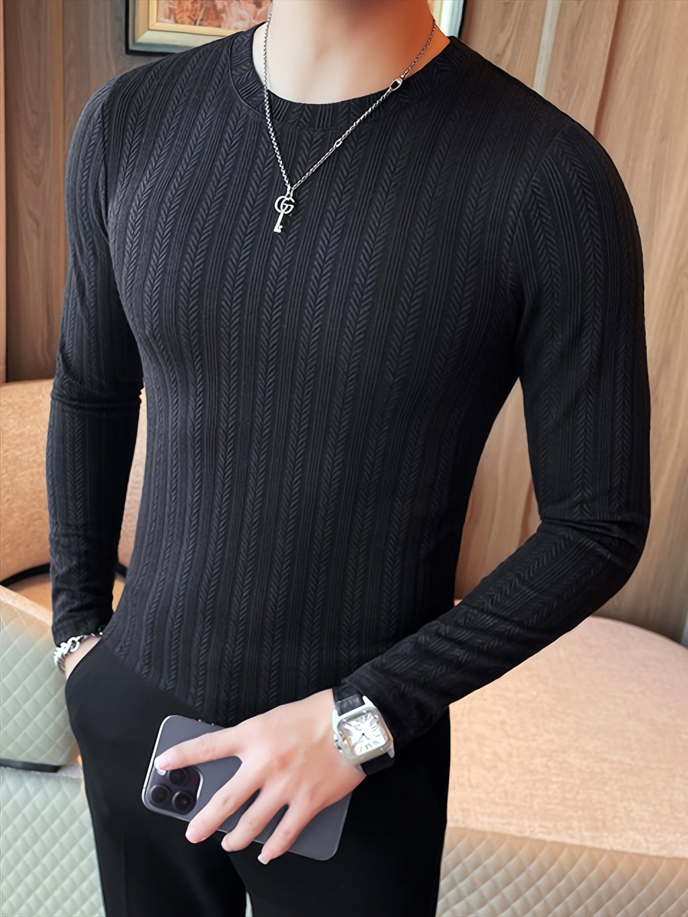Men's Slim-Fit Long Sleeve T-Shirt - Casual  Stylish, Perfect for Fall/Winter, Machine Washable