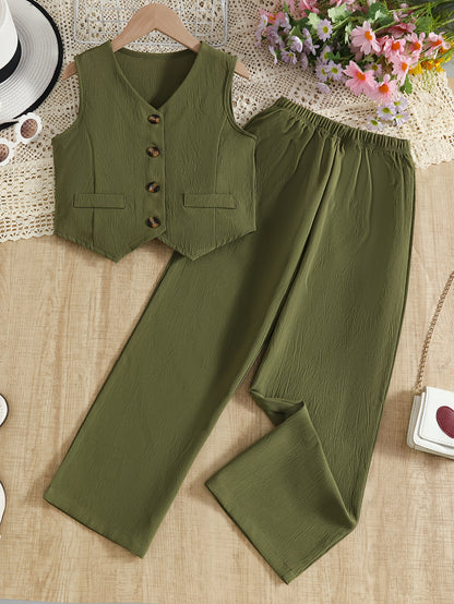 Girls' Army Green Sleeveless Vest & Wide Leg Pants Set