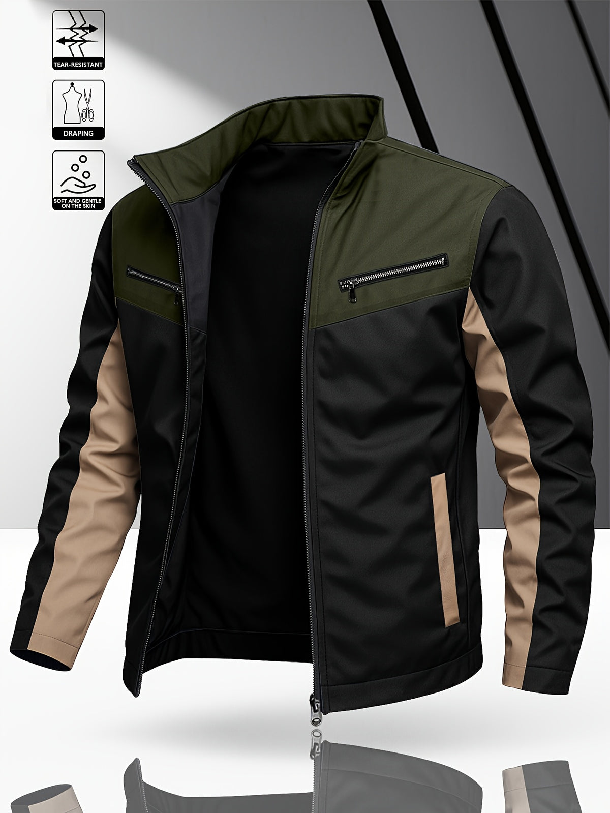 Men's Casual Color Block Softshell Jacket with Multi Pockets