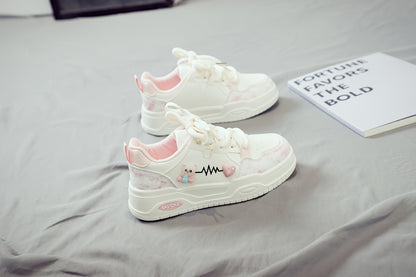 Women's White Mid-Top Sneakers with Bear  Heart Stripes Design - PU Cover  Upper, Thick Cushioned PVC Sole - Trendy Casual Shoes for All-Season Comfort