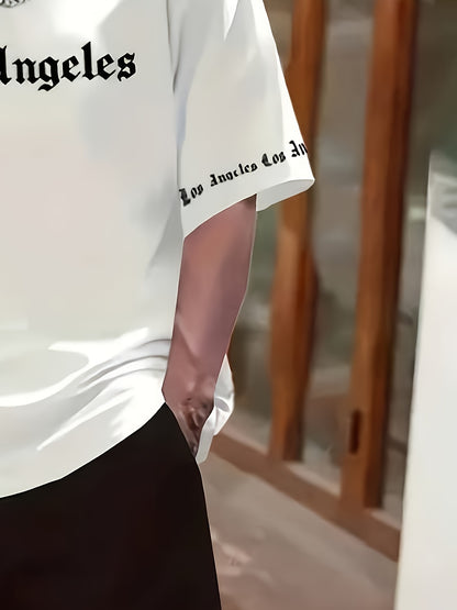 Los Angeles English Pattern Men's Short Sleeve Shirt + Casual Sport Set, Breathable Soft Summer Outfit with Pocketed Shirt and Drawstring Shorts