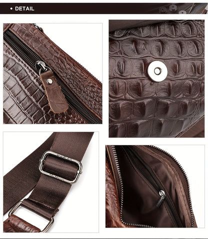 HUMERPAUL Men'S Casual Brown Leather Crossbody Bag with Alligator Print - Adjustable Strap, Multi-Compartment, Everyday Commute Shoulder Bag, Everyday Bag   Casual Style Bag   Adjustable Strap Bag