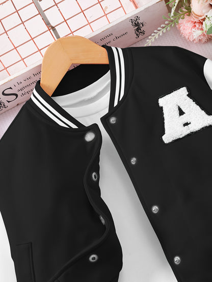 Girls' Preppy Baseball Collar Top and Pleated Skirt Set