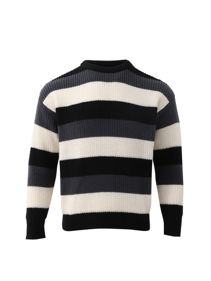JNBLDA Chic Striped Knitted Sweater, Men's Casual Warm Stretch Round Neck Pullover Sweater for Fall Winter