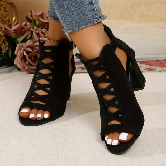 Women'S High-Top Block Heel Sandals - Stylish Black Open-Toe with Ankle Strap, Zipper Closure, and Cut-Out Design, Perfect for Casual or Formal Occasions, Casual Footwear   High Heel Sandals   Rubber Sole Sandals