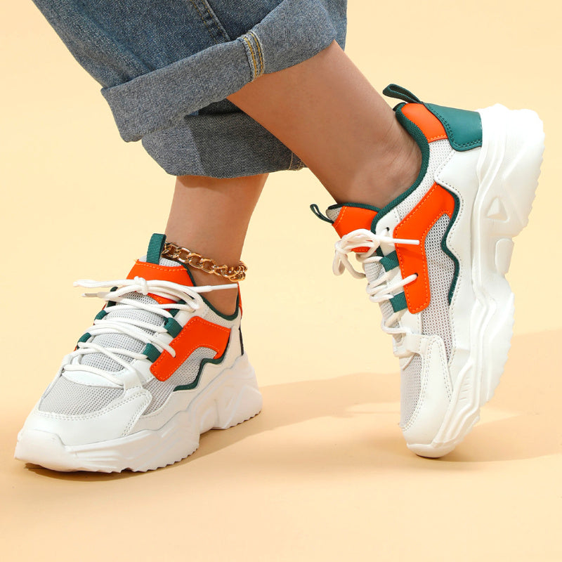 Women's Breathable Mesh Sneakers - Lightweight Lace-Up Sneakers with Contrasting Color Design, White Base with Green  Orange Accents, Perfect for Tennis, Outdoor Activities, and Casual Attire, Casual Sneakers   Casual Sneake