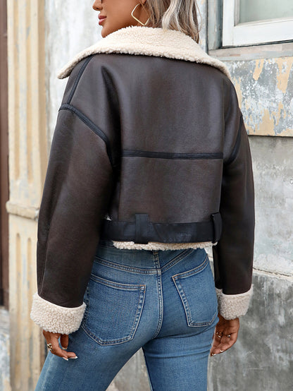 Women's Autumn/Winter Street Retro Belted Zipper Thick Short Faux Lambskin Coat