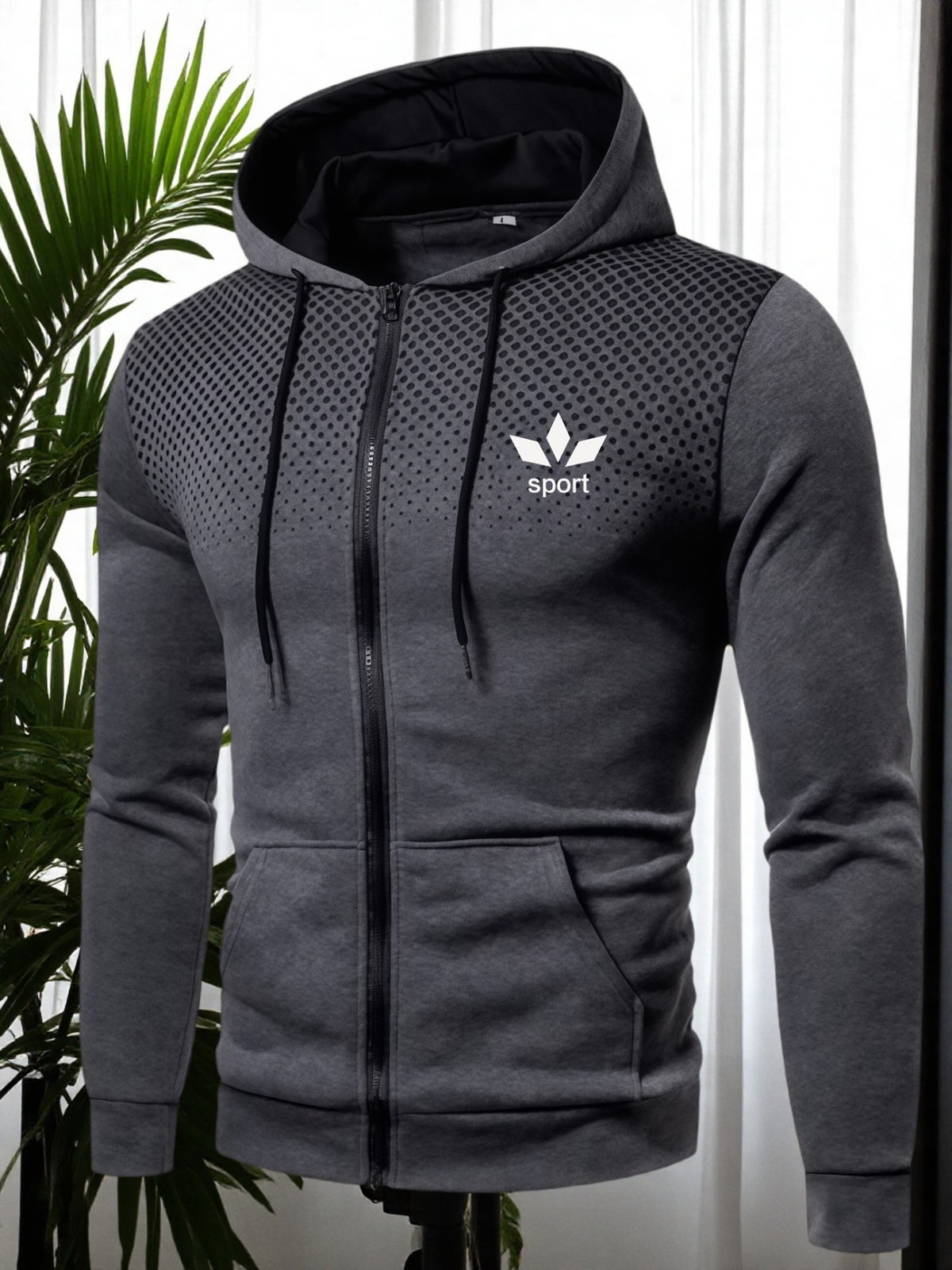 Men's Hooded Zip-Up Jacket Soft Polyester Fall Winter Sporty