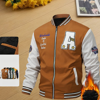 Men's Thermal Insulated Full-Zip Baseball Jacket with Full-Zip Closure - Heavyweight Winter Coat, Brown/White colorblock, Lining - Streetwear Outerwear for Casual & Formal Events - Compatible with Hoodies & Jackets (Men's Fas