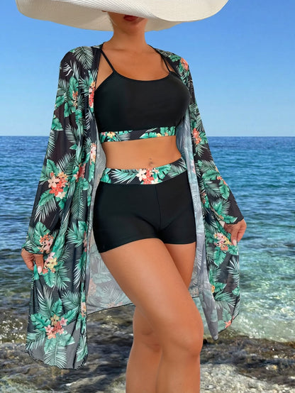 High-Waist Long-Sleeve Tropical Print Bikini Set for Women