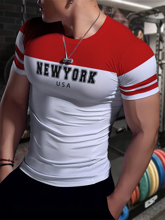 Men's New York USA Graphic T-Shirt - Stretchy, Breathable Polyester-Spandex Blend, Casual  Sporty Short Sleeve Tee for Fitness, Running, Yoga, Gym Workouts, Gym Shirts