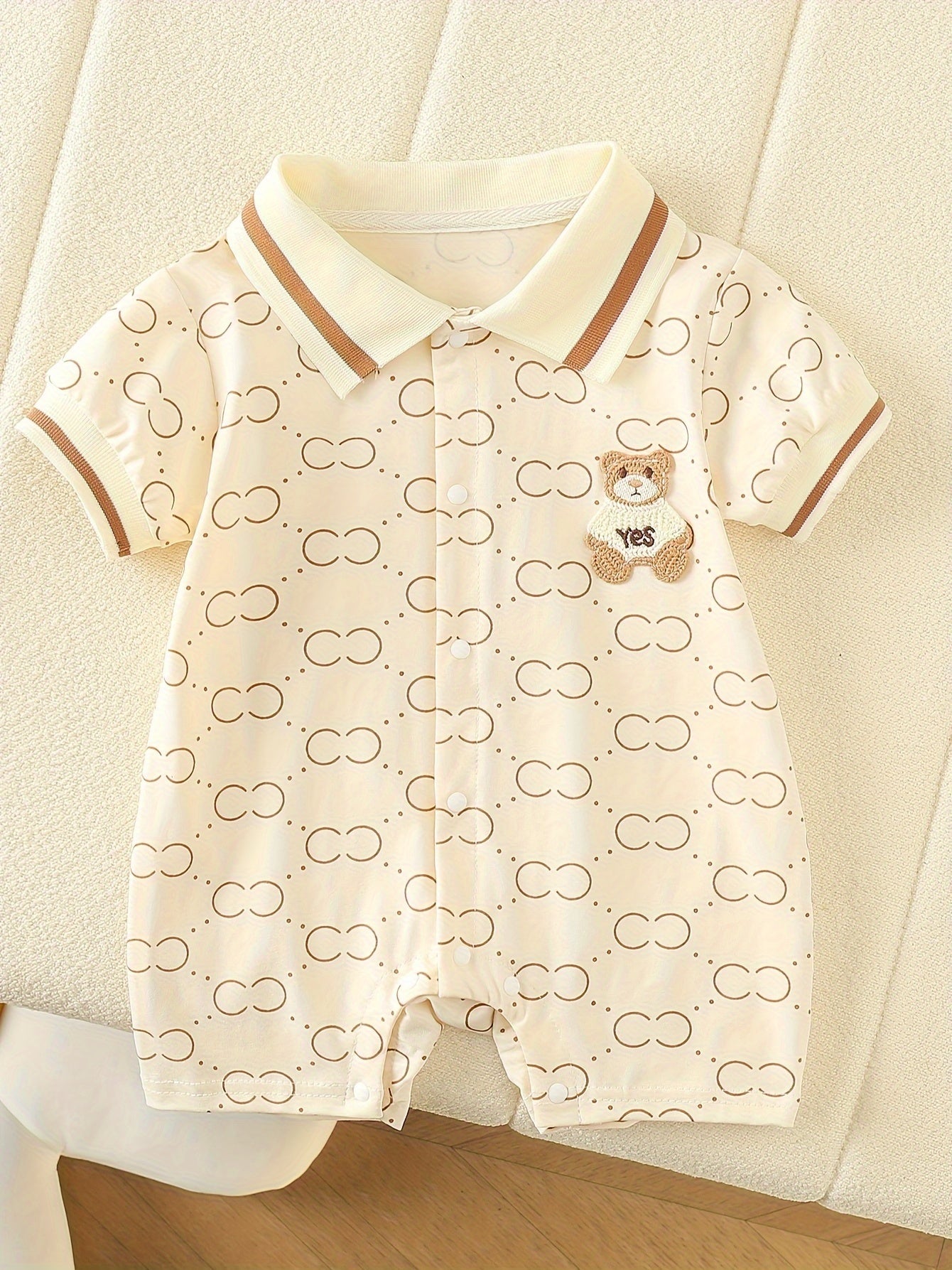 Girls' Summer Cotton Romper with Bear Print and Lapel