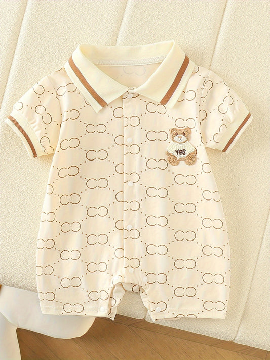 Girls' Summer Cotton Romper with Bear Print and Lapel