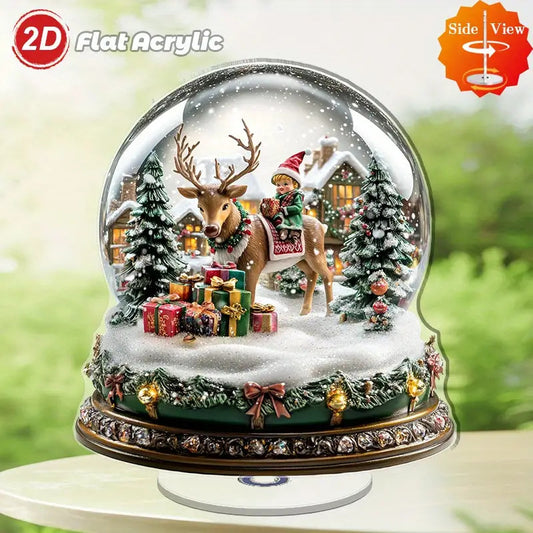 2D Flat, 1pc Rotating Acrylic Snow Globe with Deer & Fairies - Winter Wonderland Scene, Snow-Covered Trees & Twirling Mechanism, Indoor/Outdoor Christmas New Year Holiday Decoration, Lightweight Tabletop Decor for, gift, 2D F