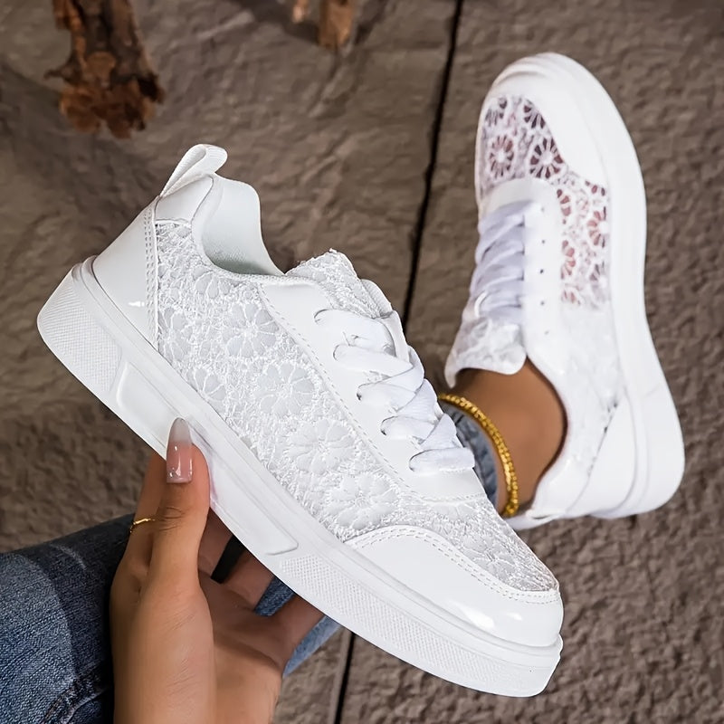Women'S Elegant Lace Sneakers - Breathable Fabric Upper, White with Floral Pattern, Lightweight  Soft Sole, Durable EVA, Perfect for Daily Work, Sports, Summer Outings  Vacations, Casual Footwear   Elegant Sneaker   Comfort