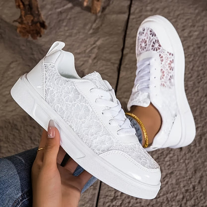 Women'S Elegant Lace Sneakers - Breathable Fabric Upper, White with Floral Pattern, Lightweight  Soft Sole, Durable EVA, Perfect for Daily Work, Sports, Summer Outings  Vacations, Casual Footwear   Elegant Sneaker   Comfort